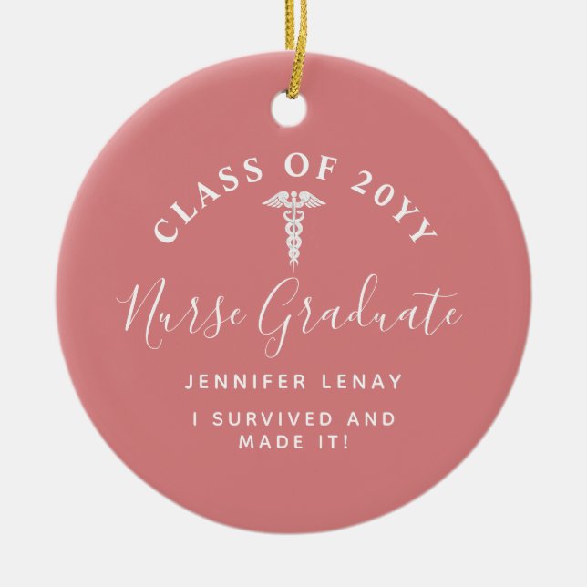 Nurse Graduation Caduceus Pink Keepsake Monogram Ceramic Tree Decoration (Front)