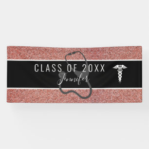 Nurse Graduation Caduceus Rose Gold Glitter Banner