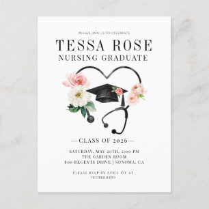 Nurse Graduation Floral Stethoscope Invitation Postcard
