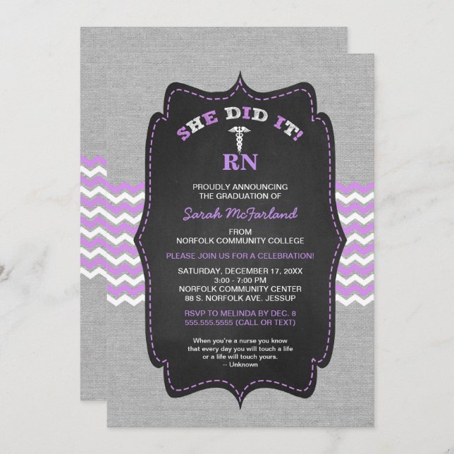 Nurse graduation invites, lavender grey chalkboard invitation (Front/Back)
