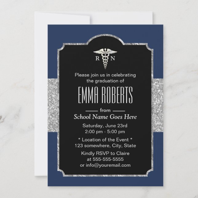 Nurse Graduation Party Elegant Navy Blue & Silver Invitation (Front)