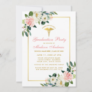 Nurse Graduation Party Pink Floral Gold Invite GP