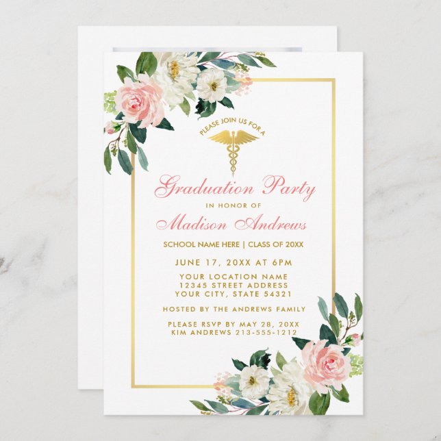 Nurse Graduation Party Pink Gold Photo Invite (Front/Back)
