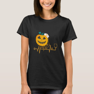 Nurse Halloween For Women With Pumpkin Heart Beat T-Shirt