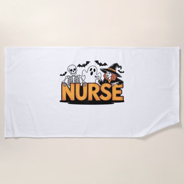 Nurse - Halloween - with ghost, witch, and skeleto Beach Towel (Front)