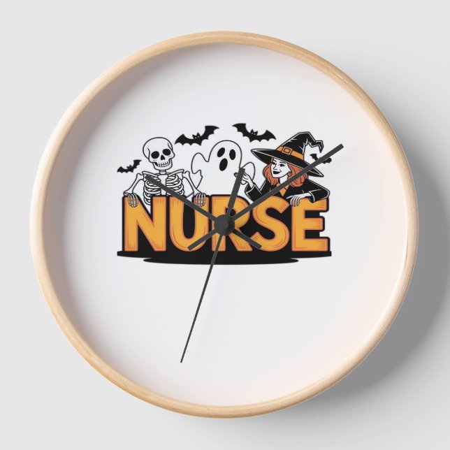 Nurse - Halloween - with ghost, witch, and skeleto Clock (Front)