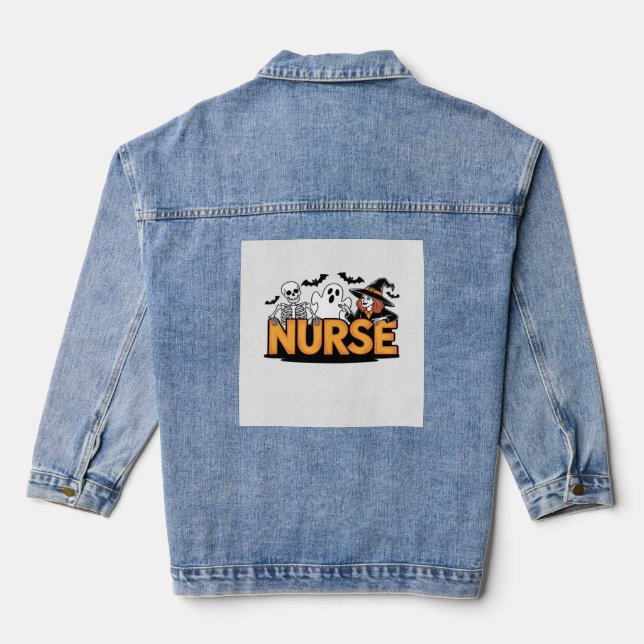 Nurse - Halloween - with ghost, witch, and skeleto Denim Jacket (Back)