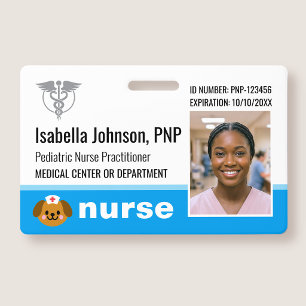 Nurse ID Badge Photo Logo Dog Blue Pediatric Fun