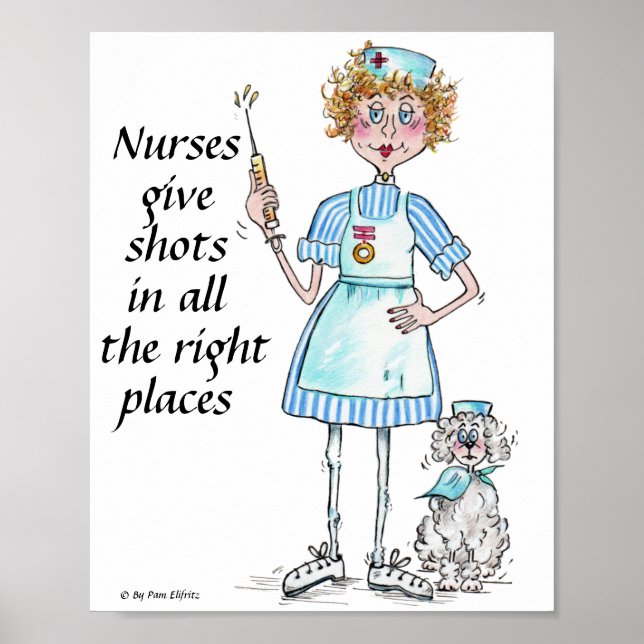 Nurse in blue stripped dress giving shots poster (Front)