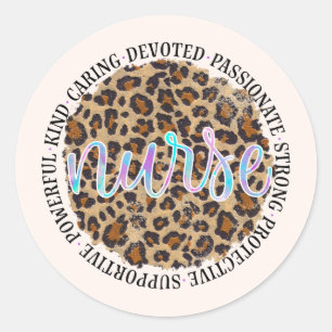 "Nurse" & Inspiring Traits - Leopard Print Classic Round Sticker