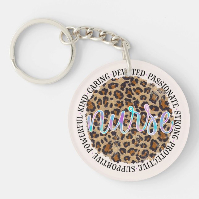 "Nurse" & Inspiring Traits - Leopard Print Key Ring (Front)