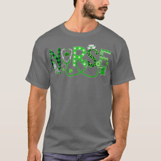 Nurse Irish Shamrock Stethoscope Plaid Leopard Pat T-Shirt
