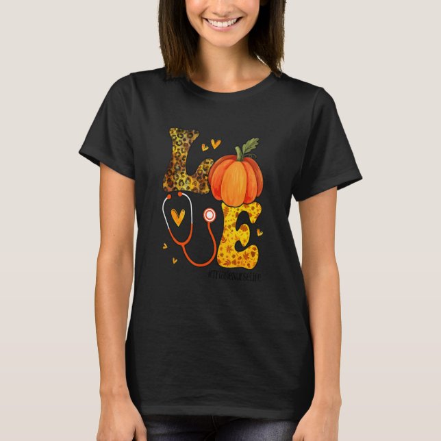 Nurse Leopard Pumpkin Thanksgiving Love Triage Nur T-Shirt (Front)