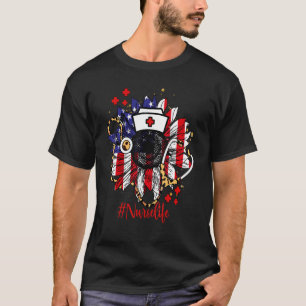 Nurse Life Flower Us Flag 4th Of July Nurse Headse T-Shirt