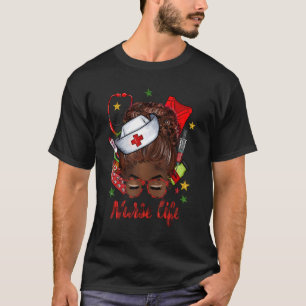 Nurse Life Messy Bun Afro Black Queen Red Plaid Nu T-Shirt