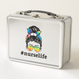 Nurse Life Messy Bun Girl with Glass Sublimation Metal Lunch Box