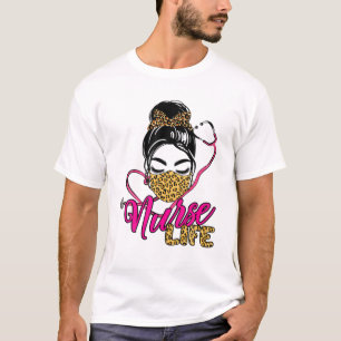 Nurse Life Messy Bun Hair Leopard Print Nurses Day T-Shirt