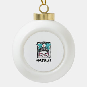 Nurse Life Messy Bun Rainbow Bow Vector Design_1 Ceramic Ball Christmas Ornament