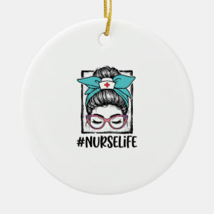 Nurse Life Messy Bun Rainbow Bow Vector Design_1 Ceramic Tree Decoration