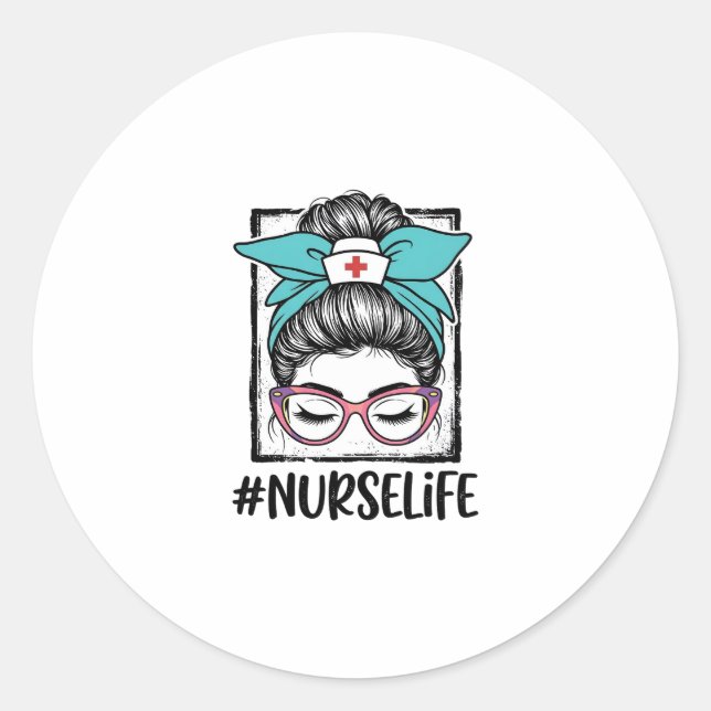 Nurse Life Messy Bun Rainbow Bow Vector Design_1 Classic Round Sticker (Front)