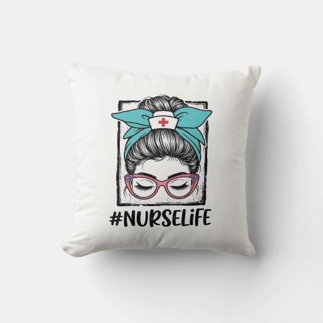 Nurse Life Messy Bun Rainbow Bow Vector Design_1 Cushion (Front)