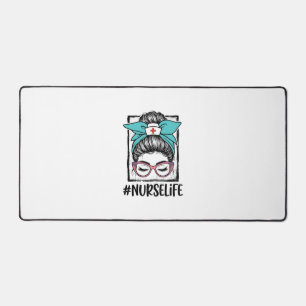 Nurse Life Messy Bun Rainbow Bow Vector Design_1 Desk Mat