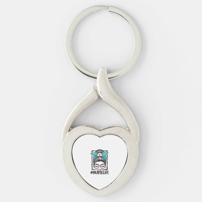Nurse Life Messy Bun Rainbow Bow Vector Design_1 Key Ring (Front)