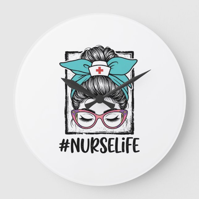 Nurse Life Messy Bun Rainbow Bow Vector Design_1 Large Clock (Front)