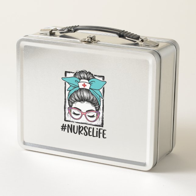Nurse Life Messy Bun Rainbow Bow Vector Design_1 Metal Lunch Box (Front)