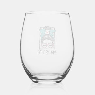 Nurse Life Messy Bun Rainbow Bow Vector Design_1 Stemless Wine Glass