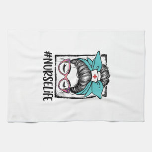 Nurse Life Messy Bun Rainbow Bow Vector Design_1 Tea Towel