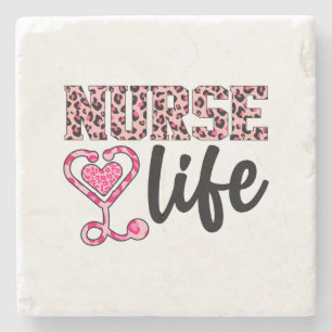 Nurse Life - Pink and Leopard Print (2) Stone Coaster