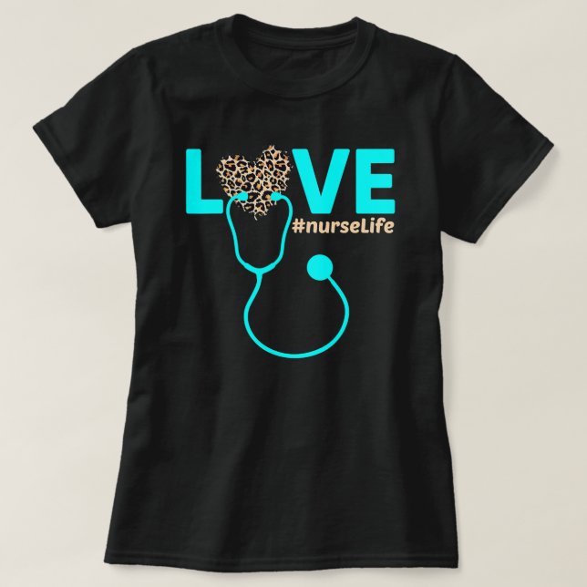 Nurse Life RN LPN CNA Healthcare Cheetah Heart T-Shirt (Design Front)