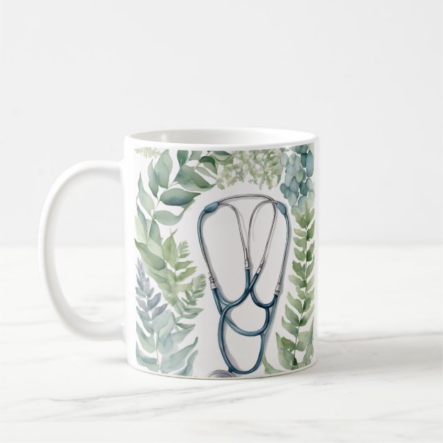 Nurse Life Stethoscope Ferns Eucalyptus Botanical  Coffee Mug (Left)