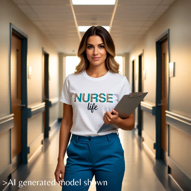 Nurse Life Teal & Leopard Print Typography T-Shirt (Nurse Life Teal & Leopard Print Typography T-Shirt)