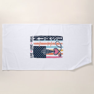 Nurse Live Love Heal Patriotic Vintage Vector Desi Beach Towel