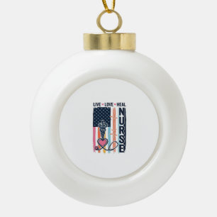 Nurse Live Love Heal Patriotic Vintage Vector Desi Ceramic Ball Christmas Ornament