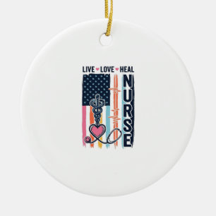 Nurse Live Love Heal Patriotic Vintage Vector Desi Ceramic Tree Decoration