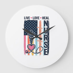 Nurse Live Love Heal Patriotic Vintage Vector Desi Large Clock