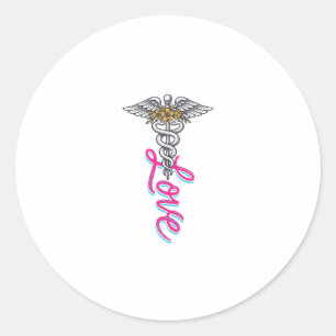 Nurse Love Caduceus Floral Medical Vertical Design Classic Round Sticker