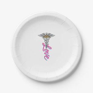 Nurse Love Caduceus Floral Medical Vertical Design Paper Plate