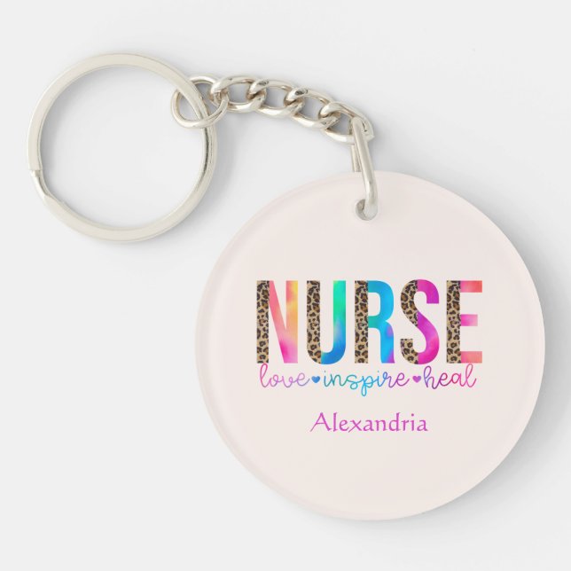 "Nurse - Love, Inspire, Heal" in Rainbow Colour Key Ring (Front)