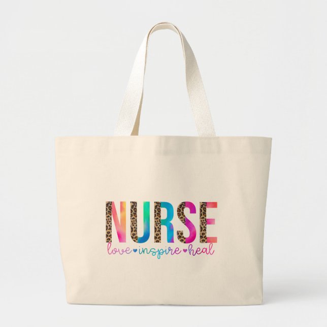 "Nurse - Love, Inspire, Heal" in Rainbow Colour Large Tote Bag (Front)