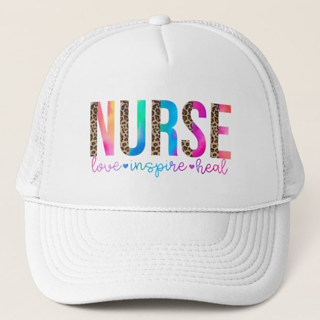 "Nurse - Love, Inspire, Heal" in Rainbow Colour Trucker Hat (Front)
