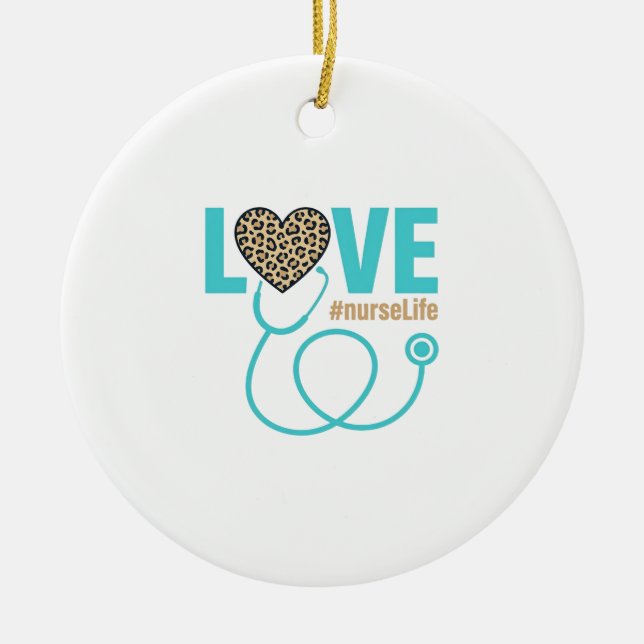 Nurse Love Leopard Stethoscope Vector Design_1 Ceramic Tree Decoration (Front)