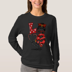 Nurse Love Stethoscope Plaid Leopard Messy Bun Nur T-Shirt