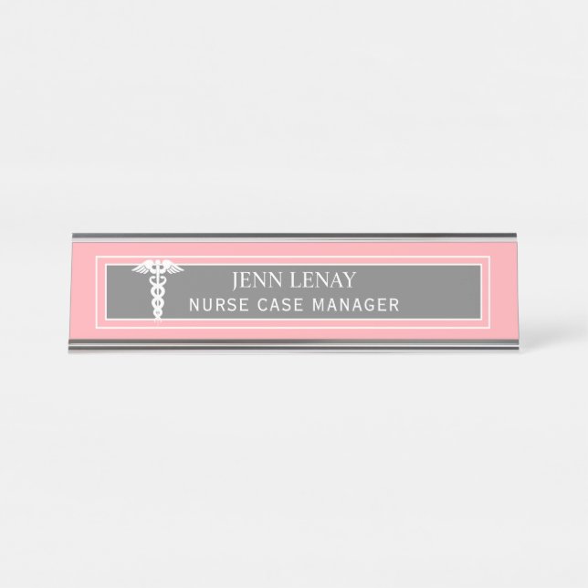 Nurse Manager Medical Caduceus Blush Pink Custom Desk Name Plate (Front)