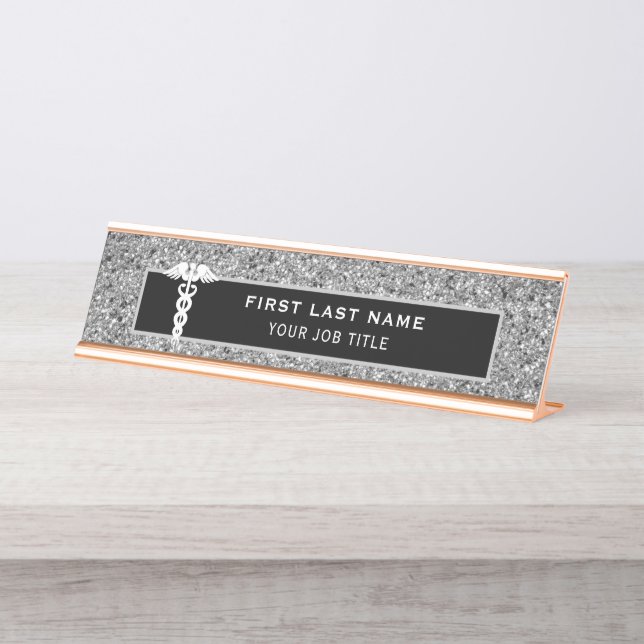 Nurse Medical Caduceus Black Silver Glitter  Desk Name Plate (Front)