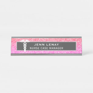 Nurse Medical Caduceus Coral Pink Glitter Custom Desk Name Plate