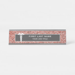 Nurse Medical Caduceus Healthcare Pink Glitter Desk Name Plate